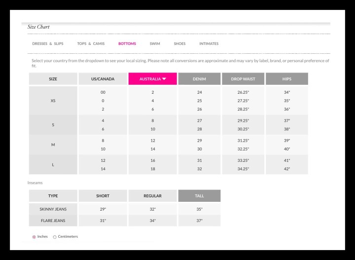 Sizing chart for bottoms 