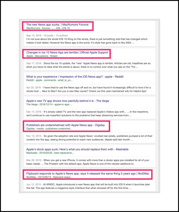 My Google search results for 'Apple's terrible New's App'