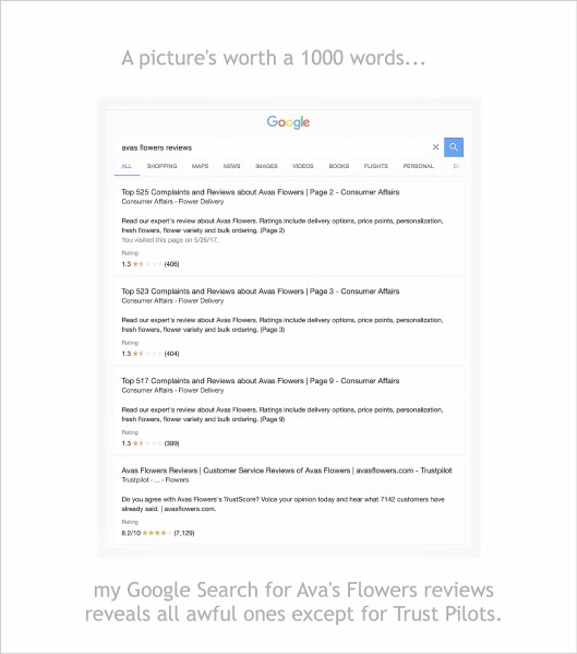 Ava's & Trust Pilot's Coalition - If you do a Google Search for Ava's Flowers Reviews you'll find that there are hundreds of negative reviews out there...the only ones that seem to be positive are Trust Pilots.