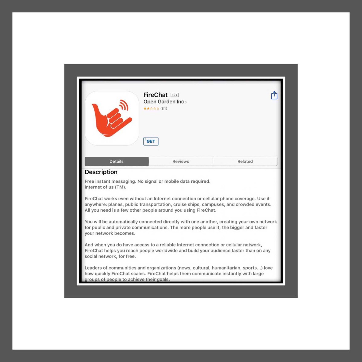 A description for FireChat's features in the app store