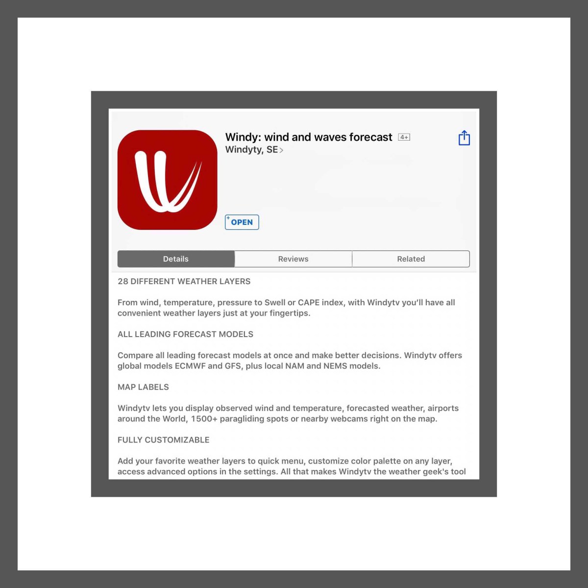 The Windy App in the ios App Store
